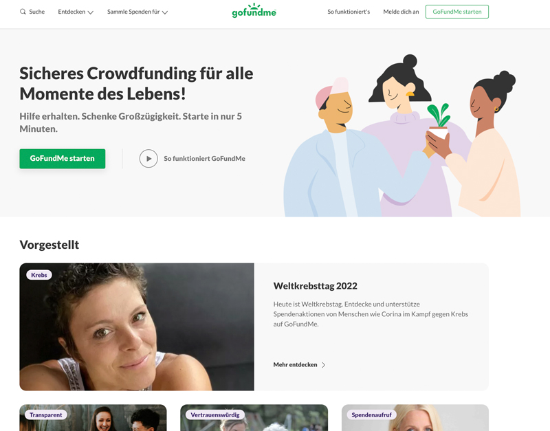 Startseite der Crowdfunding-Plattform GoFundMe