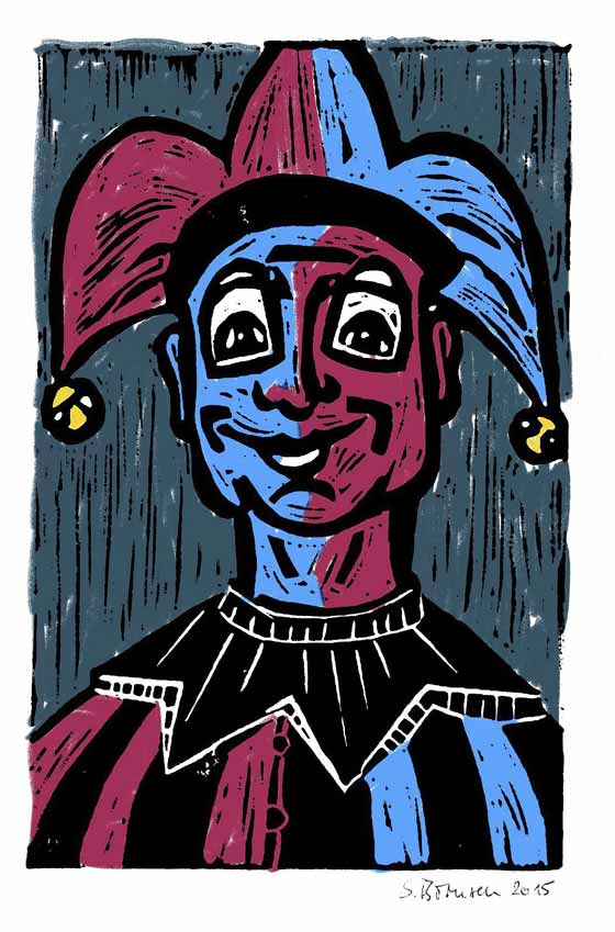 Linolschnitt eines Harlekins von Solveig Börnsen